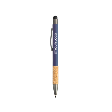Esferográfica de alumínio e cortiça com toque de borracha tinta azul vista principal