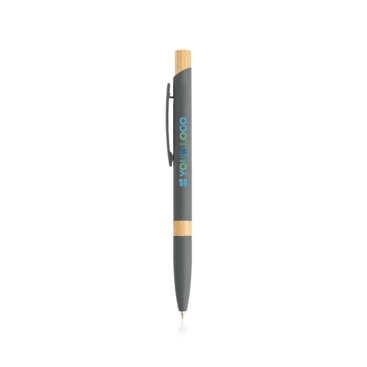 Caneta de alumínio reciclado com detalhes de bambu, tinta azul