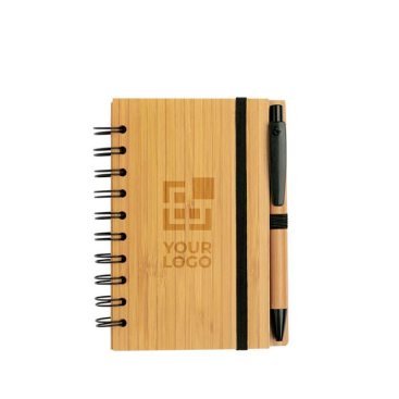 Bloco de notas de bambu com anéis e caneta A6 folhas com linhas vista principal
