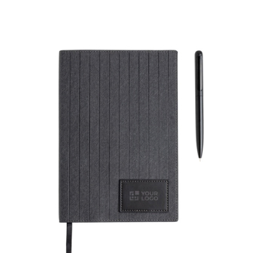 Caderno de couro sintético e caneta metálica, folhas A5 lisas
