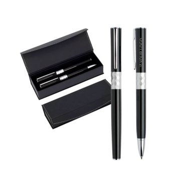 Conjunto de caneta e roller de metal com design e caixa, tinta preta vista principal