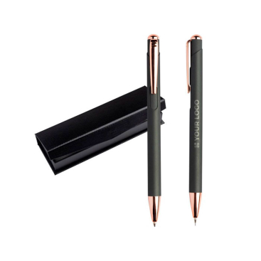 Conjunto de caneta e lapiseira com detalhes em metal, tinta azul vista principal