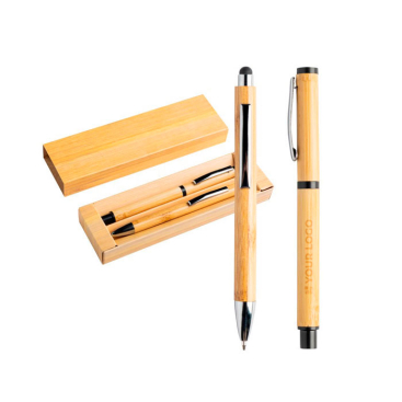 Esferográfica e roller feitos de bambu com clip e estojo, tinta azul vista principal
