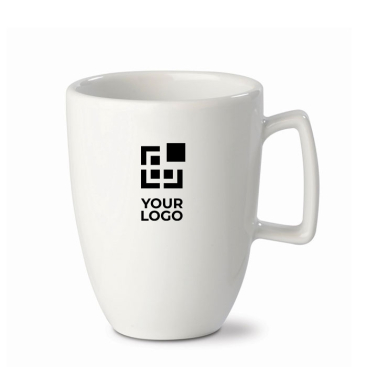 Caneca branca de cerâmica com pega retangular feita na UE 230 ml vista principal