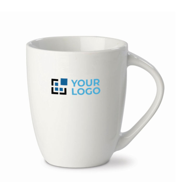 Caneca branca de cerâmica com pega triangular feita na UE 270 ml vista principal