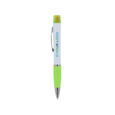 Caneta de mecanismo giratório tinta azul com marca-texto na parte superior vista principal