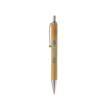 Caneta de botão feita de bambu e metal com tinta preta vista principal
