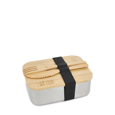 Lancheira de aço inox com tampa de bambu, talheres e fecho elástico