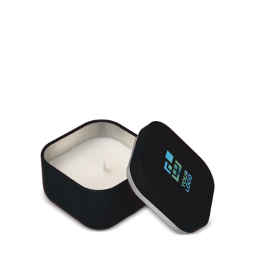 Vela de cera vegetal com aroma a baunilha em frasco de metal cúbico