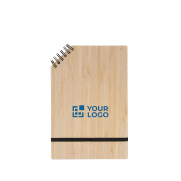 Bloco de notas com logo e capa de bambu com espiral num canto A5 vista principal