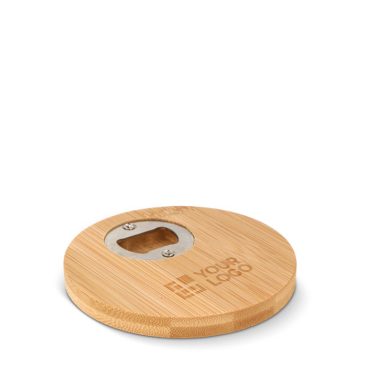 Base para copos circular de bambu com abridor de garrafas incluído vista principal