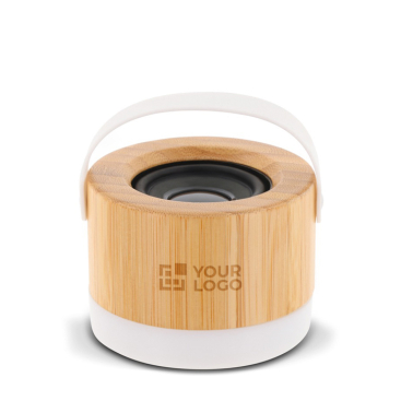 Altifalante sem fios de bambu com base e alça branca para transporte vista principal
