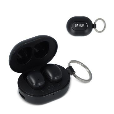 Auriculares pequenos em estojo do tamanho de um porta-chaves