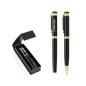 Conjunto de canetas de latão reciclado com detalhe dourado, tinta azul
