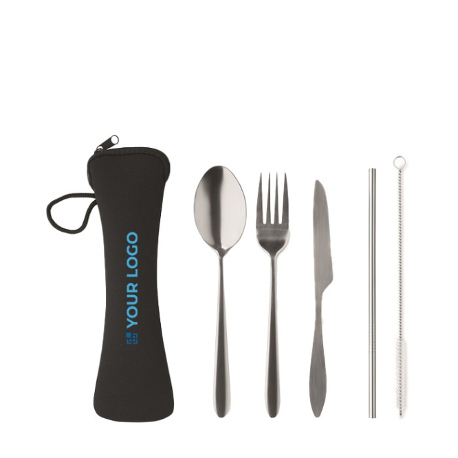 Conjunto de talheres reutilizáveis com logo cor preto