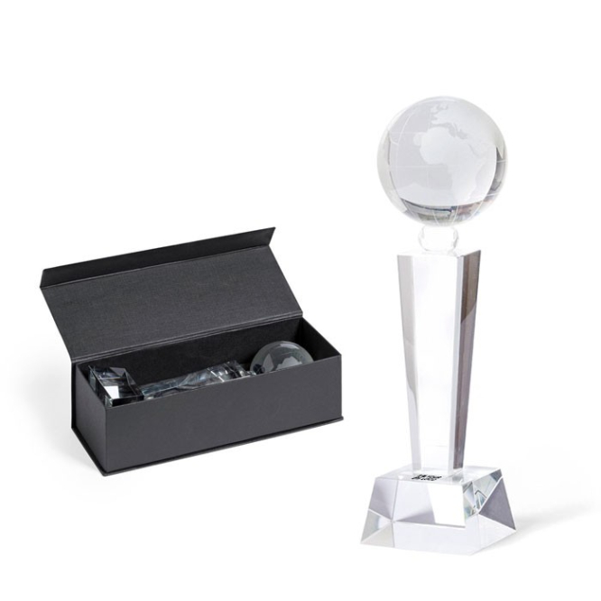 Troféu de vidro com desenho de planeta