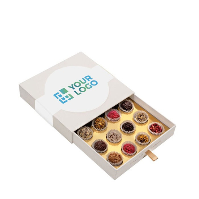 Caixa 16 trufas decoradas recheadas, vários sabores gourmet