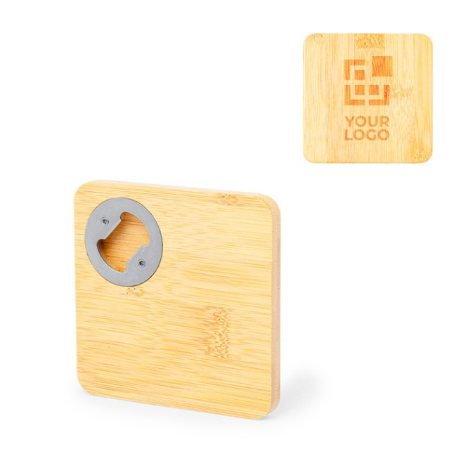 Base para copos quadrada de bambu com abridor de garrafas no canto