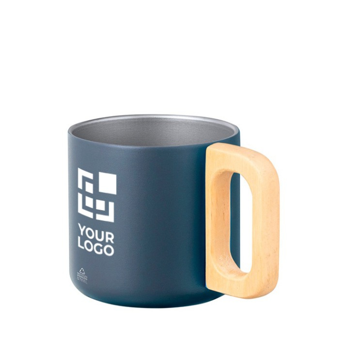 Caneca de parede dupla de aço inoxreciclado com alça de bambu 400ml