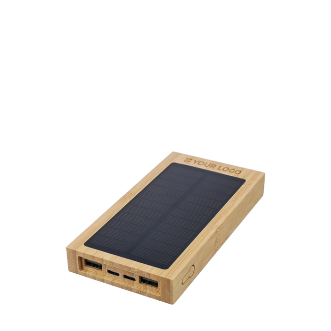 Bateria externa solar em bambu com indicador luminoso 10.000 mAh