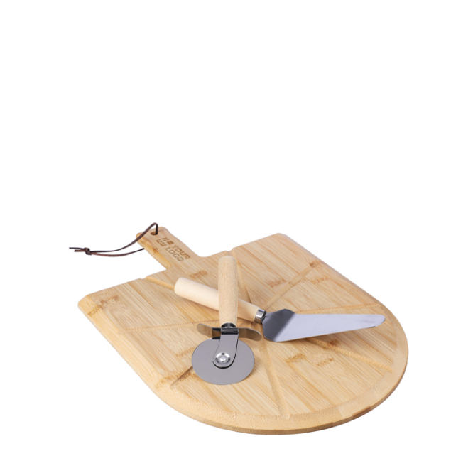 Tábua de pizza em bambu com guias de corte, cortador e espátula