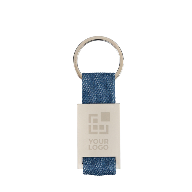 Porta-chaves de zinco personalizável com detalhe em tecido denim