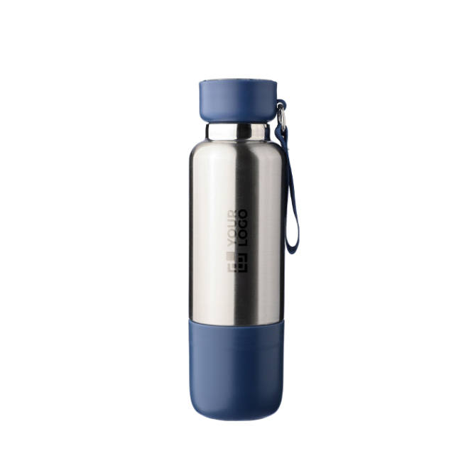 Garrafa de aço inoxidável com alça de pulso e copo na base 500ml