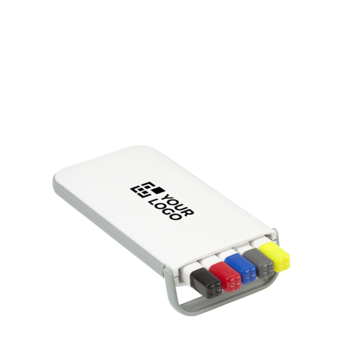 estojo branco com canetas, portaminas e marcador com logo