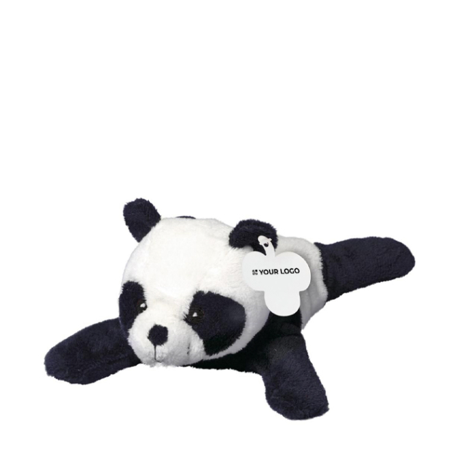 Peluche em forma de panda deitado com etiqueta personalizável