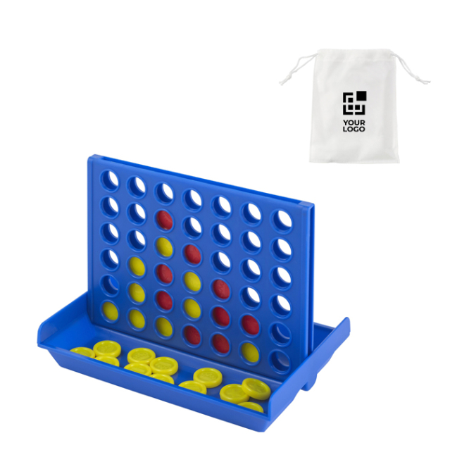 jogo quatro em linha com peças azuis e amarelas em saco de pano