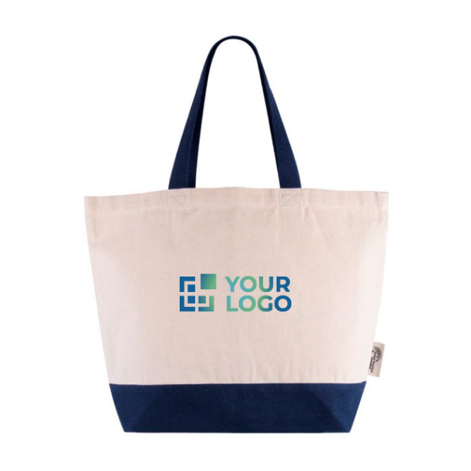 Saco de algodão reciclado com asa e base coloridas 320 g/m2