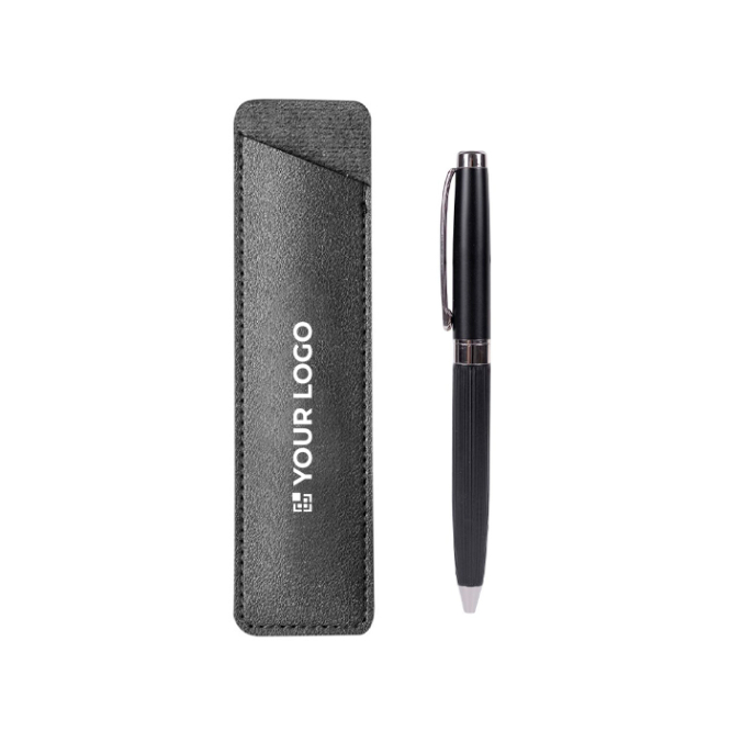 Caneta de metal com estojo elegante de couro sintético, tinta azul