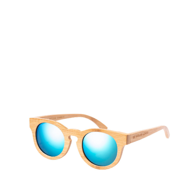 Óculos de bambu com lentes espelhadas em saco com fecho de cordão