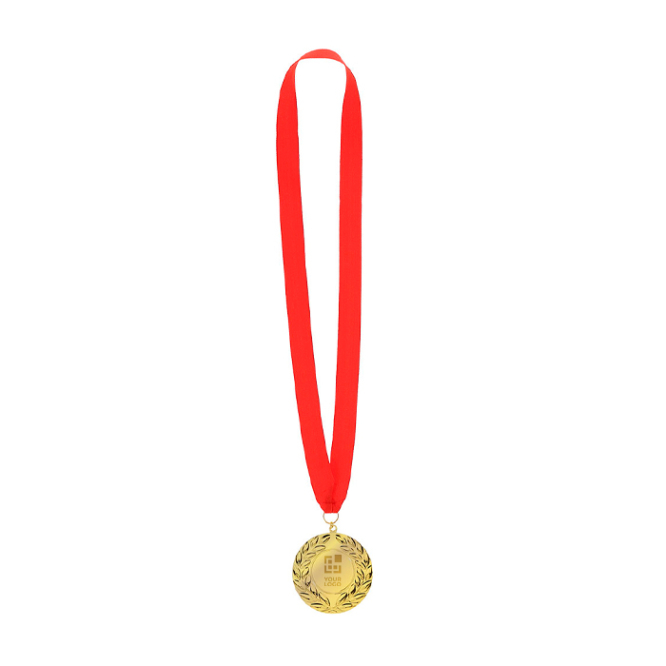Clássica medalha de vencedor com acabamento dourado e fita vermelha
