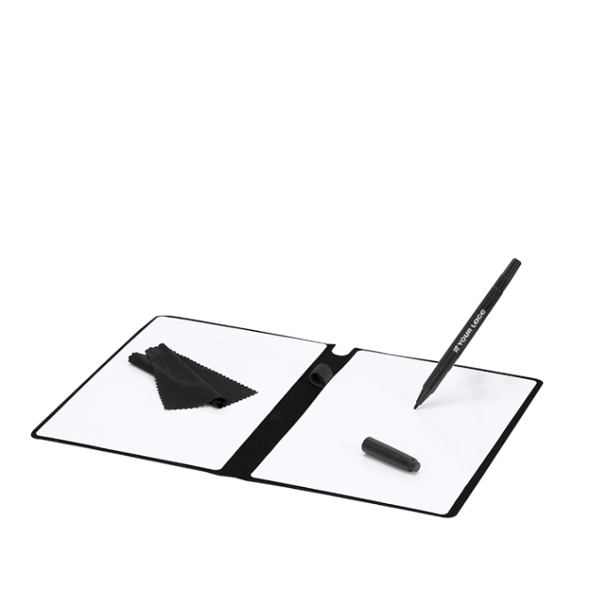 Quadro branco duplo em estojo de couro sintético com pano e marcador