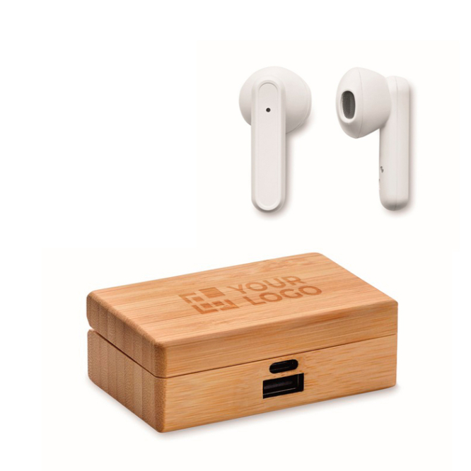 Auriculares sem fios com microfone em estojo de bambu