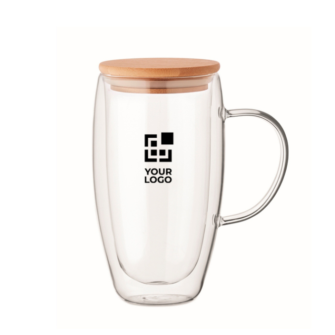 Caneca comprida de vidro, asa transparente e tampa de madeira 450 ml