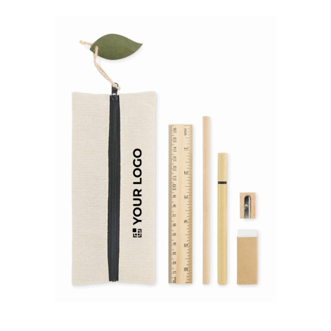 Conjunto de escrita em estojo de juta com vários acessórios escolares