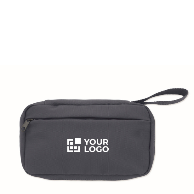 Nécessaire pequeno de rPET 600D com fecho de correr e malha interior