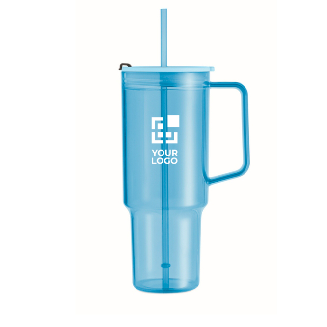 Caneca portátil translúcida de rPET com tampa e palhinha 1,2 L