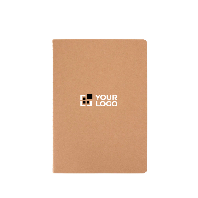 Caderno de papel kraft com lombada cosida visível, folhas A5 pautadas