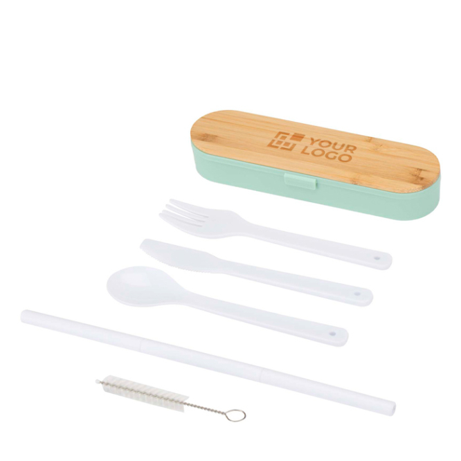 Conjunto de talheres reutilizáveis com caixa e tampa de bambu
