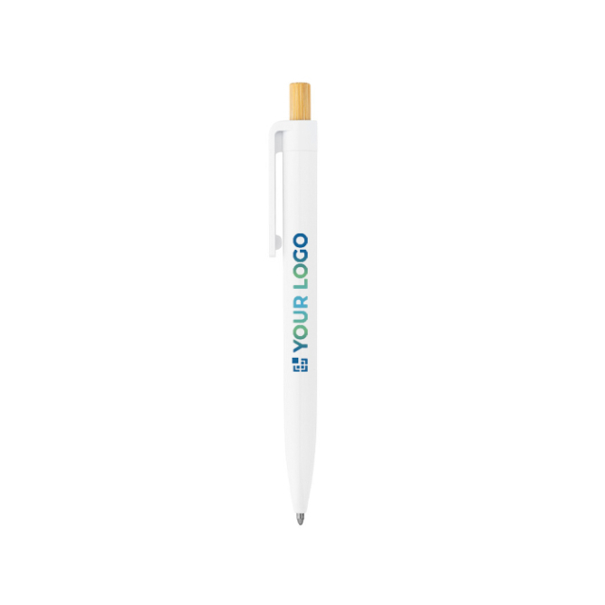 Caneta de plástico reciclado com botão de bambu, tinta azul