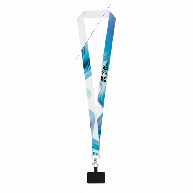 Lanyard de poliéster sublimado com mosquetão e suporte para telemóvel 2 cm