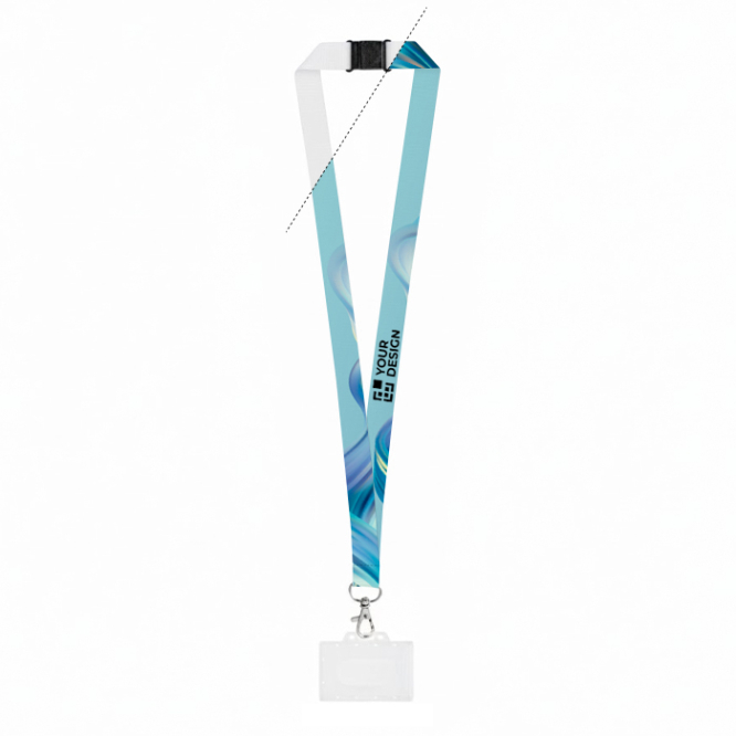 Lanyard em poliéster reciclado com mosquetão e porta-cartão 2 cm