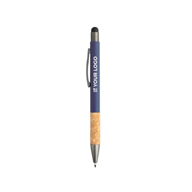 Esferográfica de alumínio e cortiça com toque de borracha tinta azul vista principal