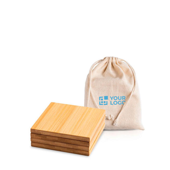 Conjunto de 4 bases para copos de bambu, bolsa de algodão incorporada vista principal