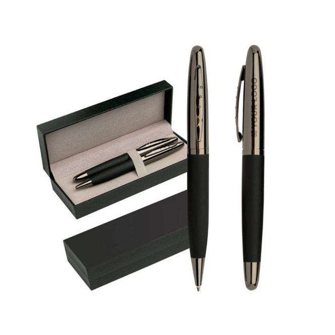 Conjunto de caneta e roller de metal com toque de borracha, tinta azul vista principal