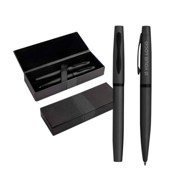Conjunto de caneta e roller com caixa de oferta a condizer, tinta azul vista principal