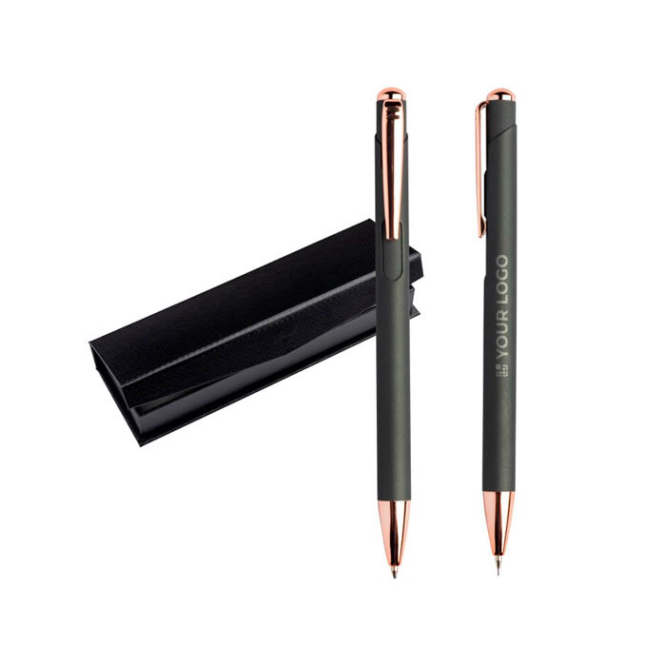 Conjunto de caneta e lapiseira com detalhes em metal, tinta azul vista principal